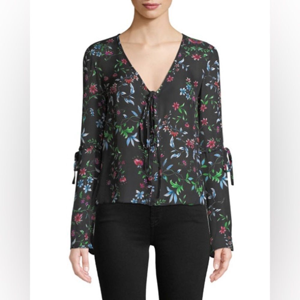 🎀 Milly Maggie v neck black wild flower print silk light weight blouse medium